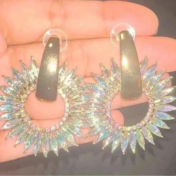 NEW-Iridescent Sunburst Hoop Earrings with Gold Accents - Picture 4 of 4